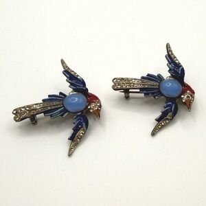 Vintage Blue Enamel Bird Brooch Set Rhinestone Cabochon Pins Pair Jelly Belly